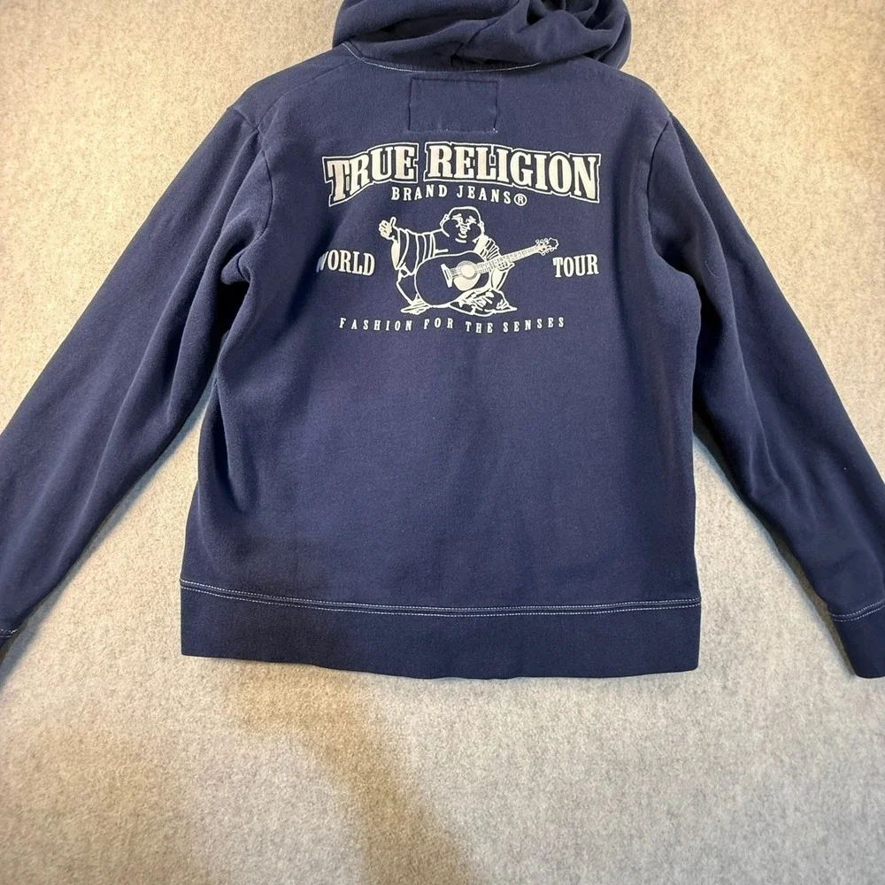True Religion Mens Navy Blue World Tour Zip Up Hoodie Buddha Logo Size Medium